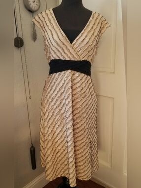 Adrianna Papell Ivory Midi Wrap Dress with Black Waist Sash